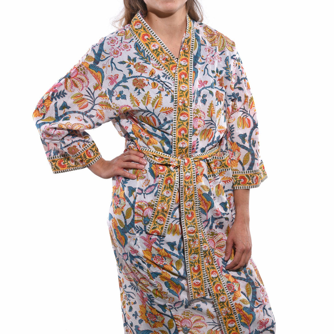 Bath Robe- Unisex - 100% - Fine Cotton - Gold -  Floral Design