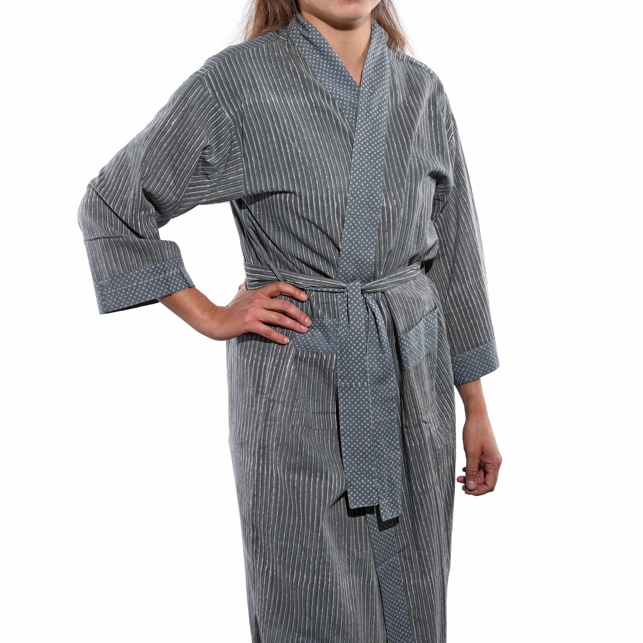 Japanese Grey Stripe Bath Robe - Unisex - 100% Cotton | Indigo Antiques