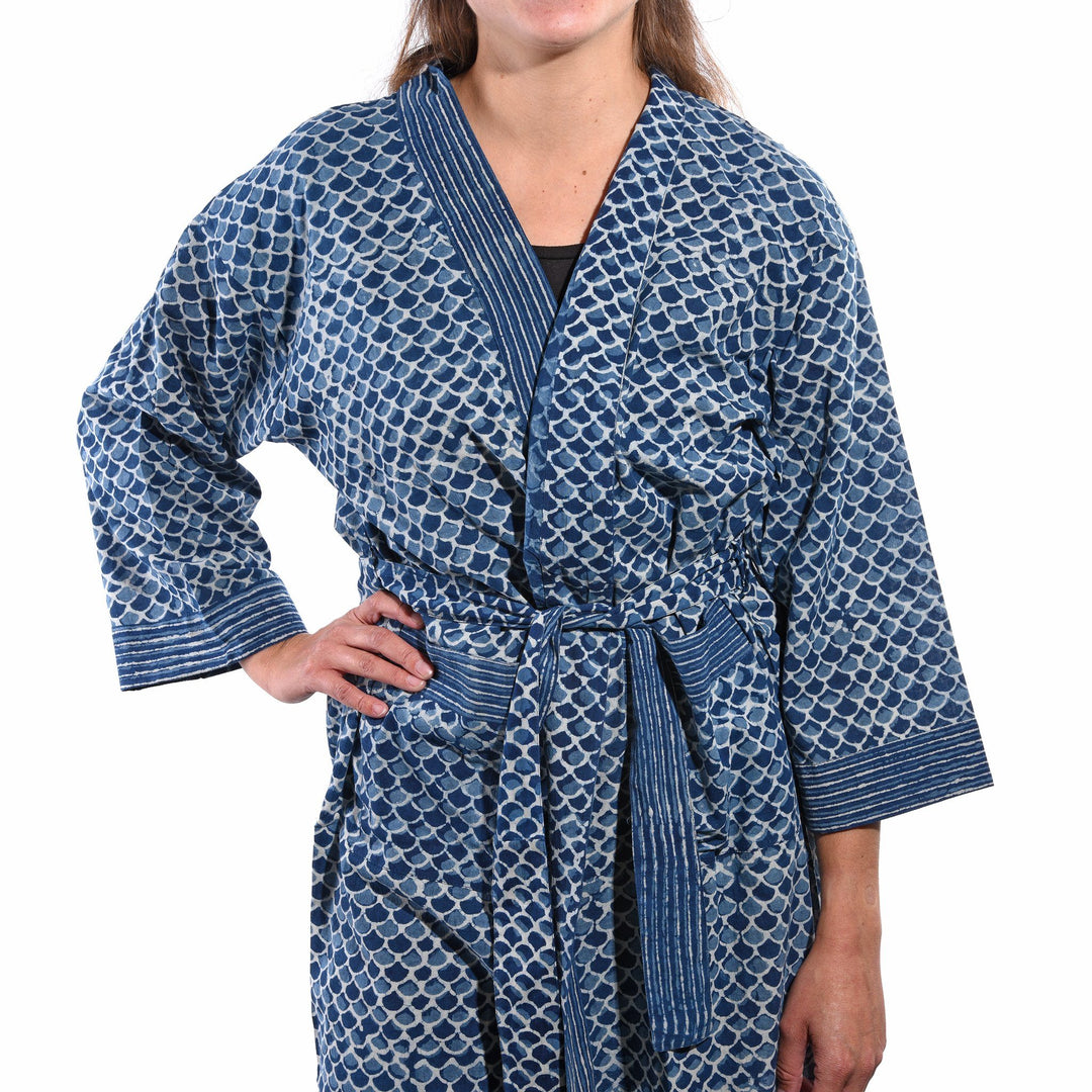 Bath - Robe -Unisex - Indigo Blue - Shell Design - 100% - Cotton