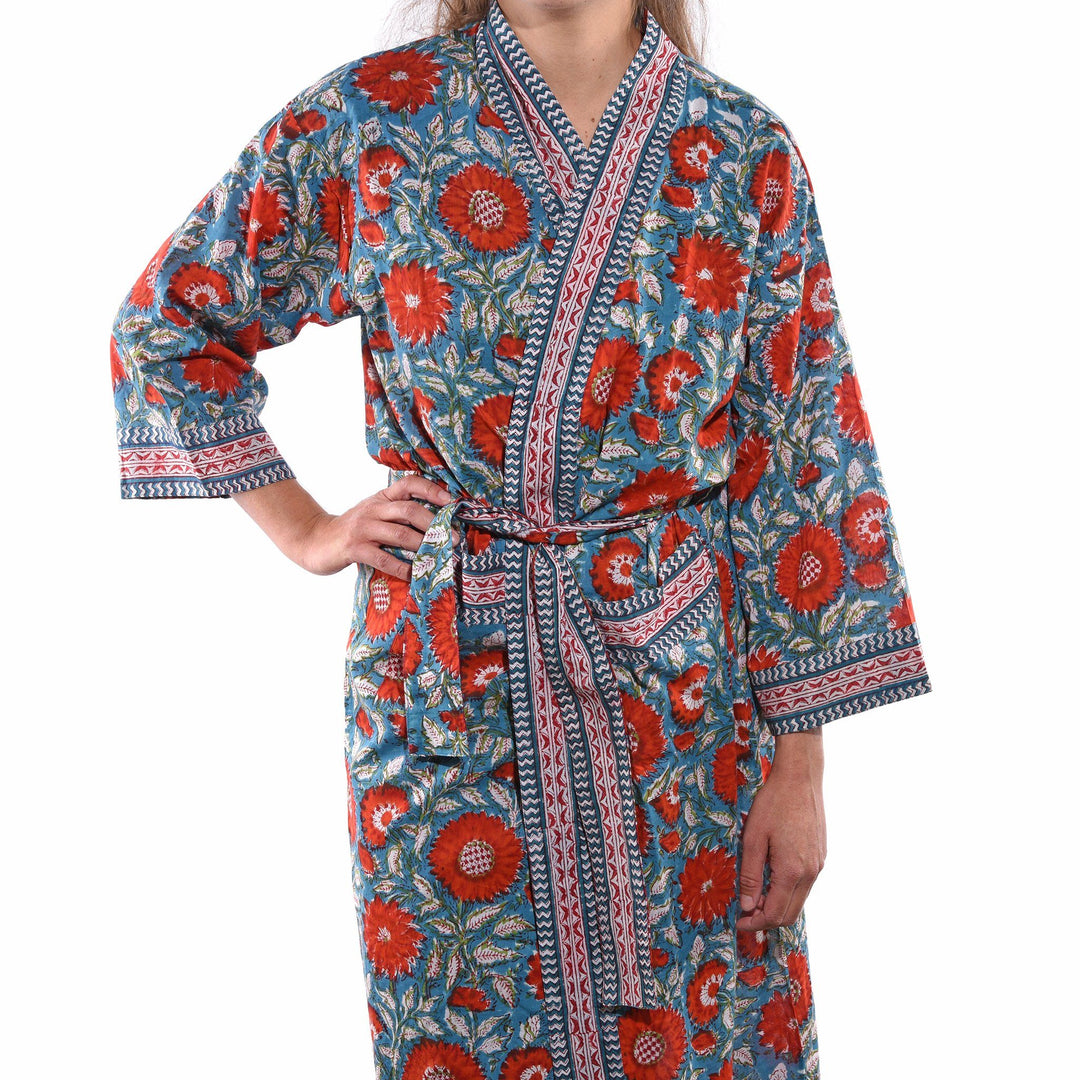 Indian Cotton Block Printed Red Dahlia Bath Robe - Unisex - 100% Cotton | Indigo Antiques