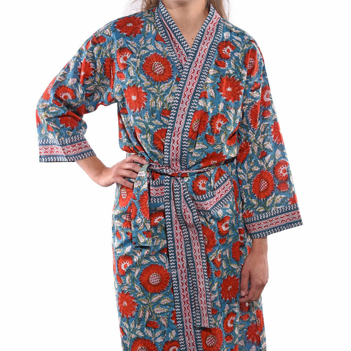 Indian Cotton Block Printed Red Dahlia Bath Robe - Unisex - 100% Cotton | Indigo Antiques