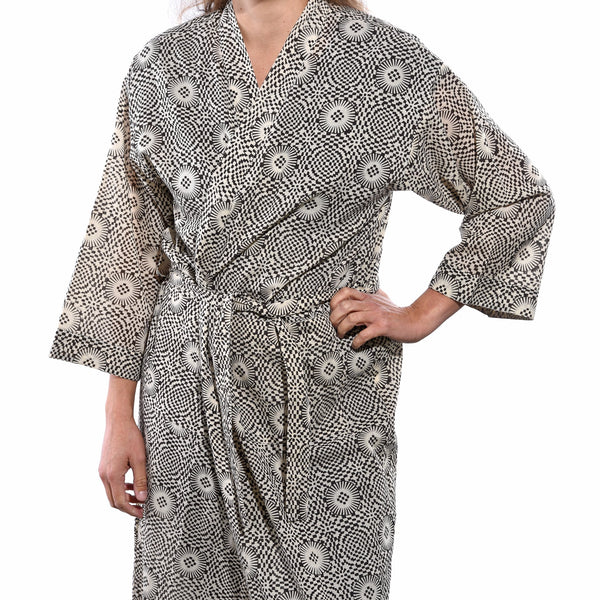 Black & Cream Japanese Bath Robe - Unisex - 100% Cotton