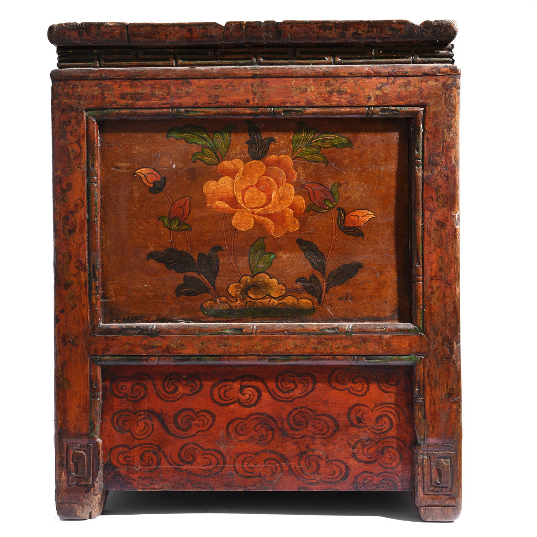 End Detail of an Original Painted Antique Tibetan Choksar Prayer Table | Indigo Antiques