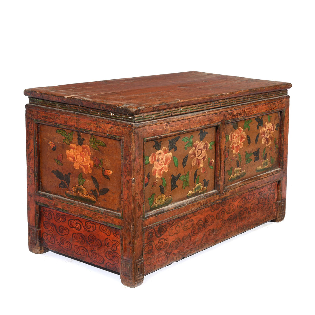 End Detail of an Original Painted Antique Tibetan Choksar Prayer Table | Indigo Antiques