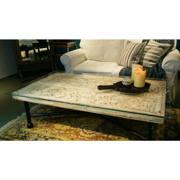 Coffee Table Made From Old Teak - Carved & Limed
