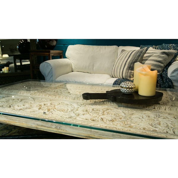 Coffee Table Made From Old Teak - Carved & Limed