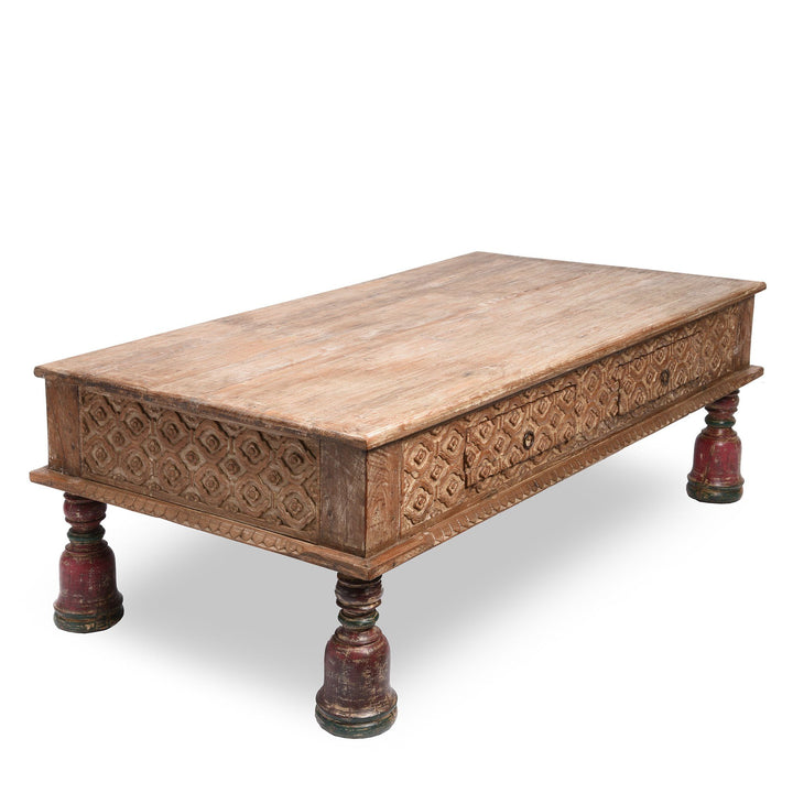 Indian 2 Drawer Takhat Coffee Table Made From Reclaimed Teak | Indigo Antiques
