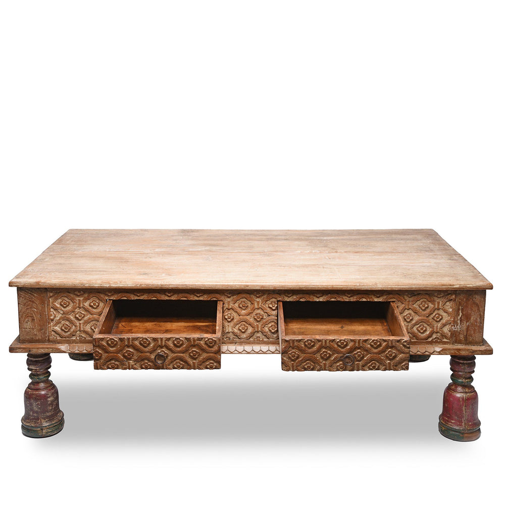 Indian 2 Drawer Takhat Coffee Table Made From Reclaimed Teak | Indigo Antiques
