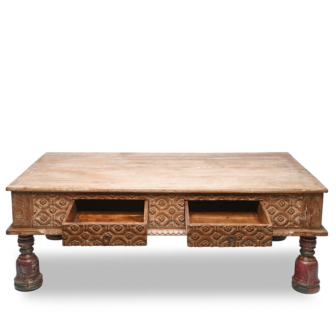 Indian 2 Drawer Takhat Coffee Table Made From Reclaimed Teak | Indigo Antiques
