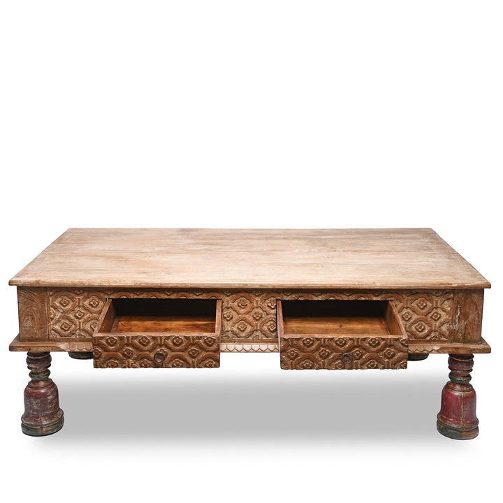 Indian 2 Drawer Takhat Coffee Table Made From Reclaimed Teak | Indigo Antiques
