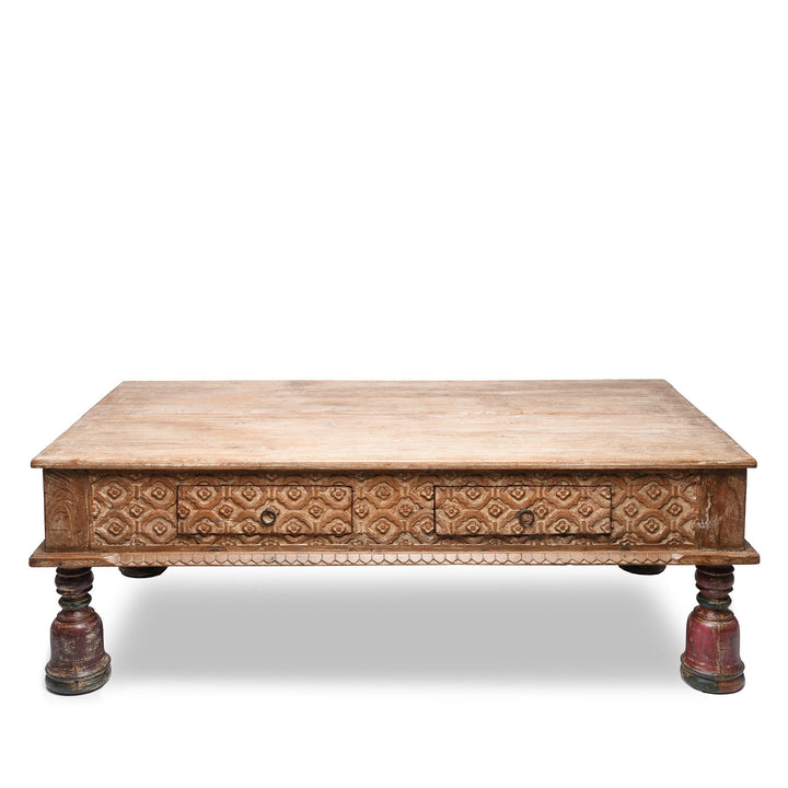 Indian 2 Drawer Takhat Coffee Table Made From Reclaimed Teak | Indigo Antiques