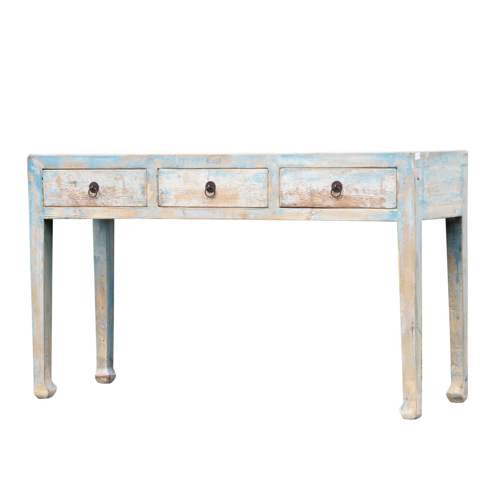 3 Drawer Altar Table Old Blue  Painted Pine | Indigo Oriental Antiques