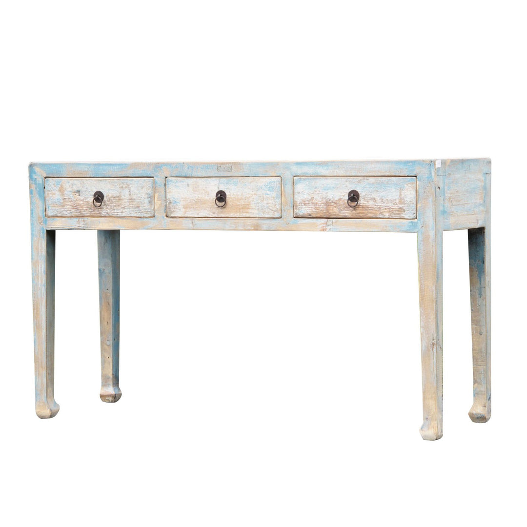 3 Drawer Altar Table Old Blue  Painted Pine | Indigo Oriental Antiques
