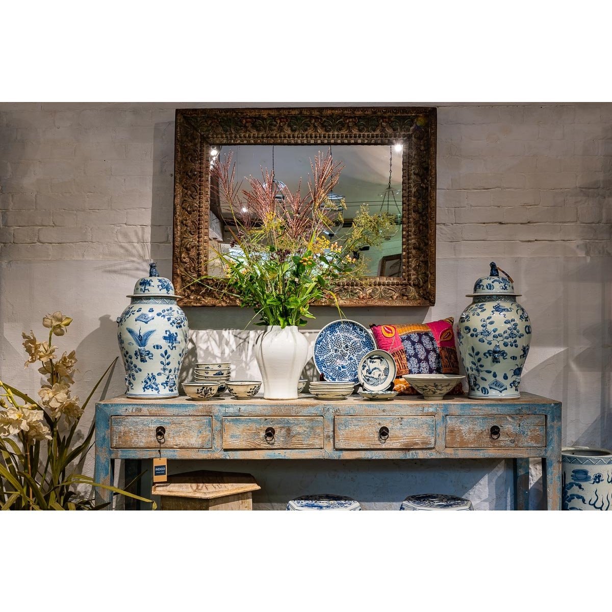3 Drawer Altar Table Old Blue  Painted Pine | Indigo Oriental Antiques