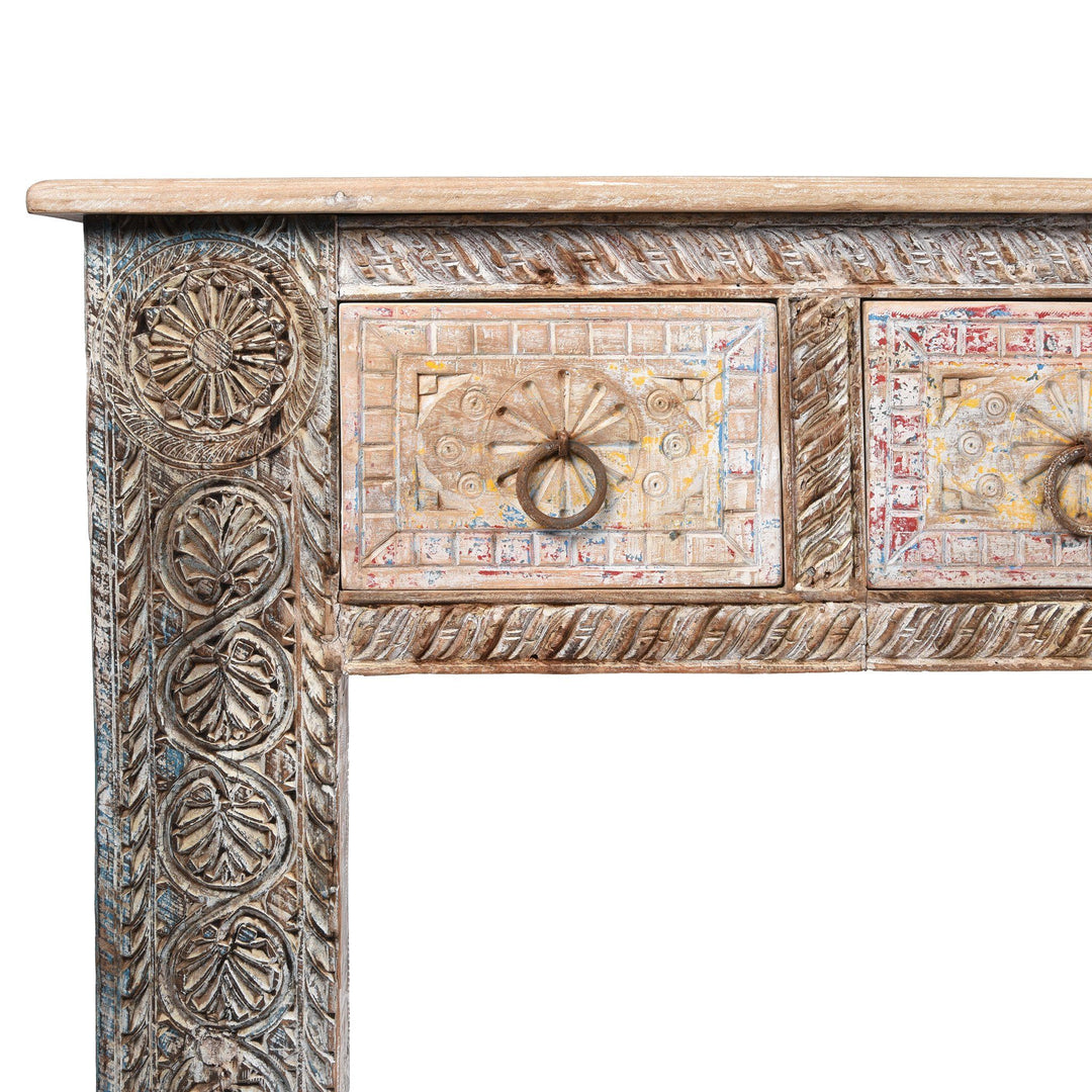 Carving Detail from an Indian 4 Drawer Painted Console Table Made From Reclaimed Teak | Indigo Antiques