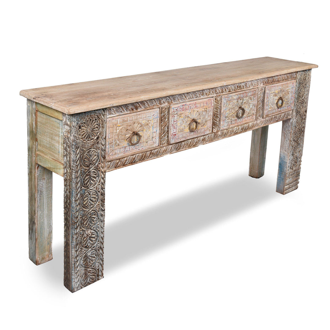 Side detail from an Indian 4 Drawer Painted Console Table Made From Reclaimed Teak | Indigo Antiques