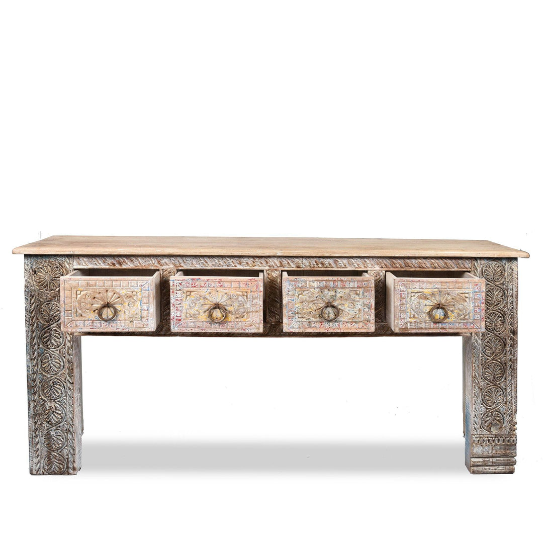 Open Drawer Detail from an Indian 4 Drawer Painted Console Table Made From Reclaimed Teak | Indigo Antiques