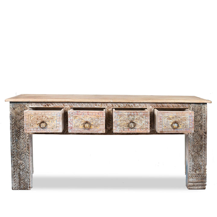 Open Drawer Detail from an Indian 4 Drawer Painted Console Table Made From Reclaimed Teak | Indigo Antiques