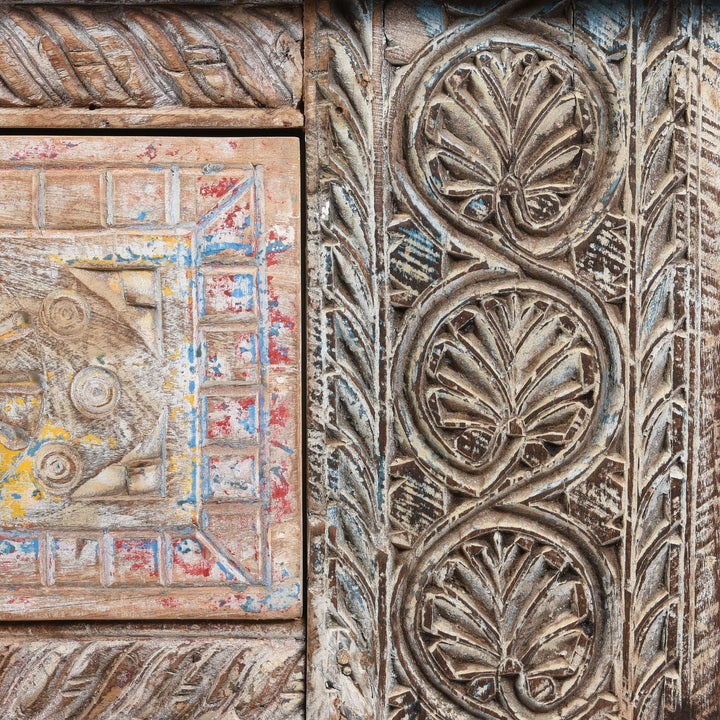 Carving Detail from an Indian 4 Drawer Painted Console Table Made From Reclaimed Teak | Indigo Antiques