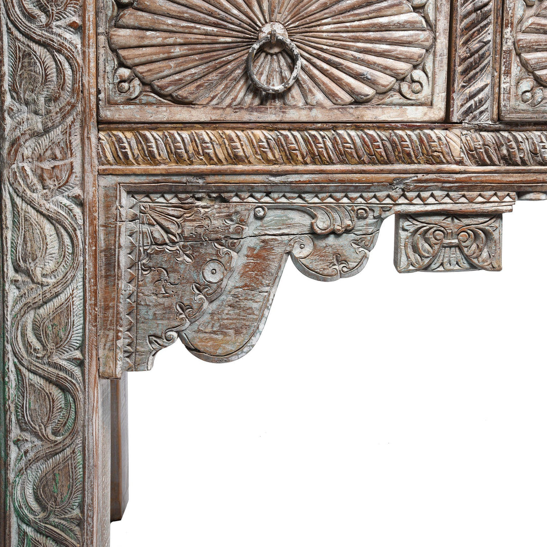 Carving detail from a 4 Drawer Painted Console Table Made From Reclaimed Teak | Indigo Antiques