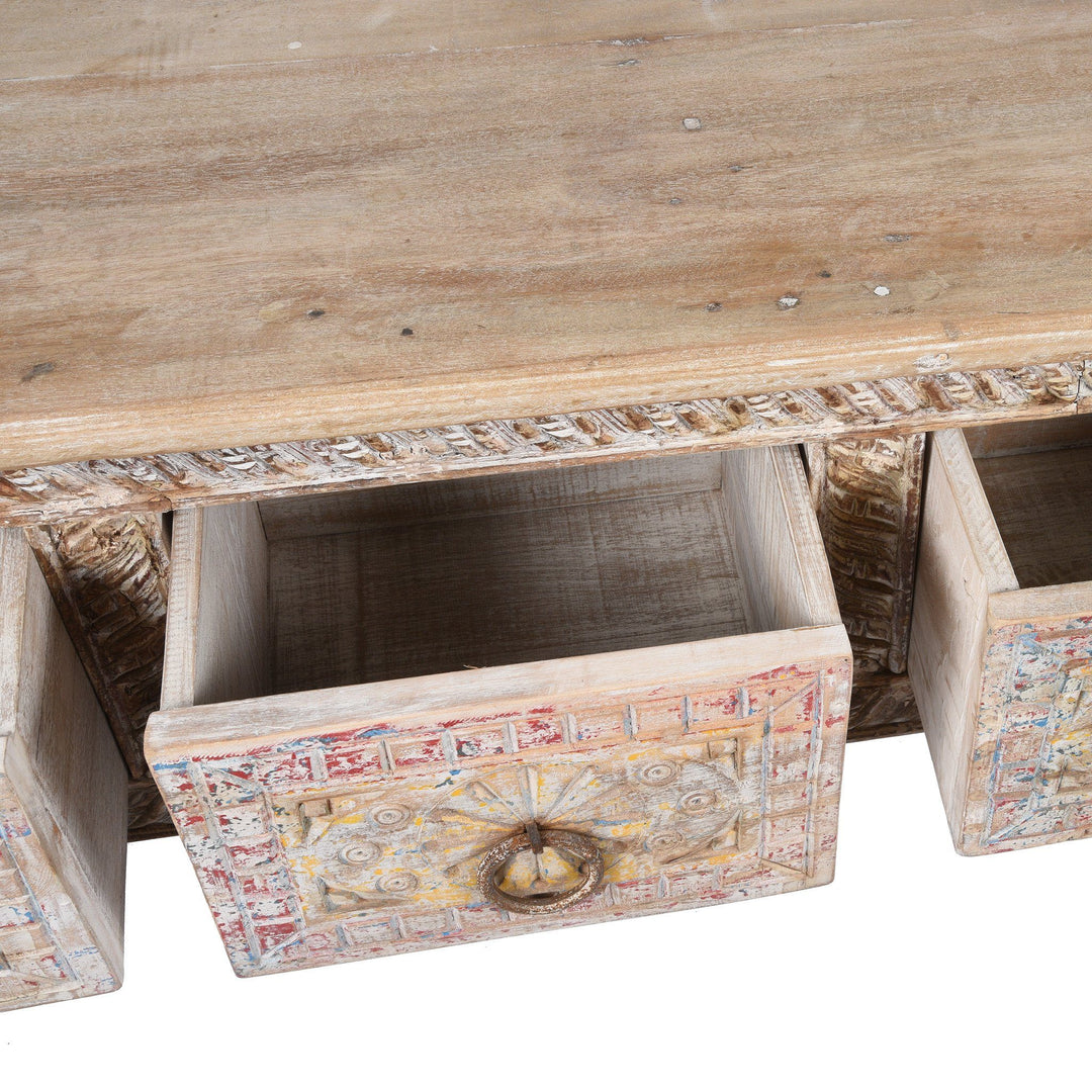 Open Drawer Detail from an Indian 4 Drawer Painted Console Table Made From Reclaimed Teak | Indigo Antiques