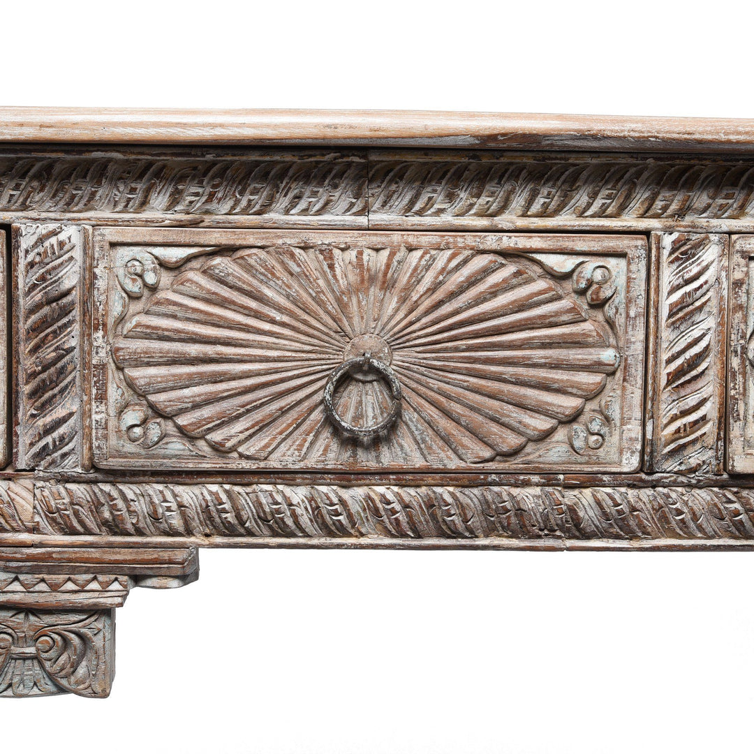Sunburst Detail from a 4 Drawer Painted Console Table Made From Reclaimed Teak | Indigo Antiques