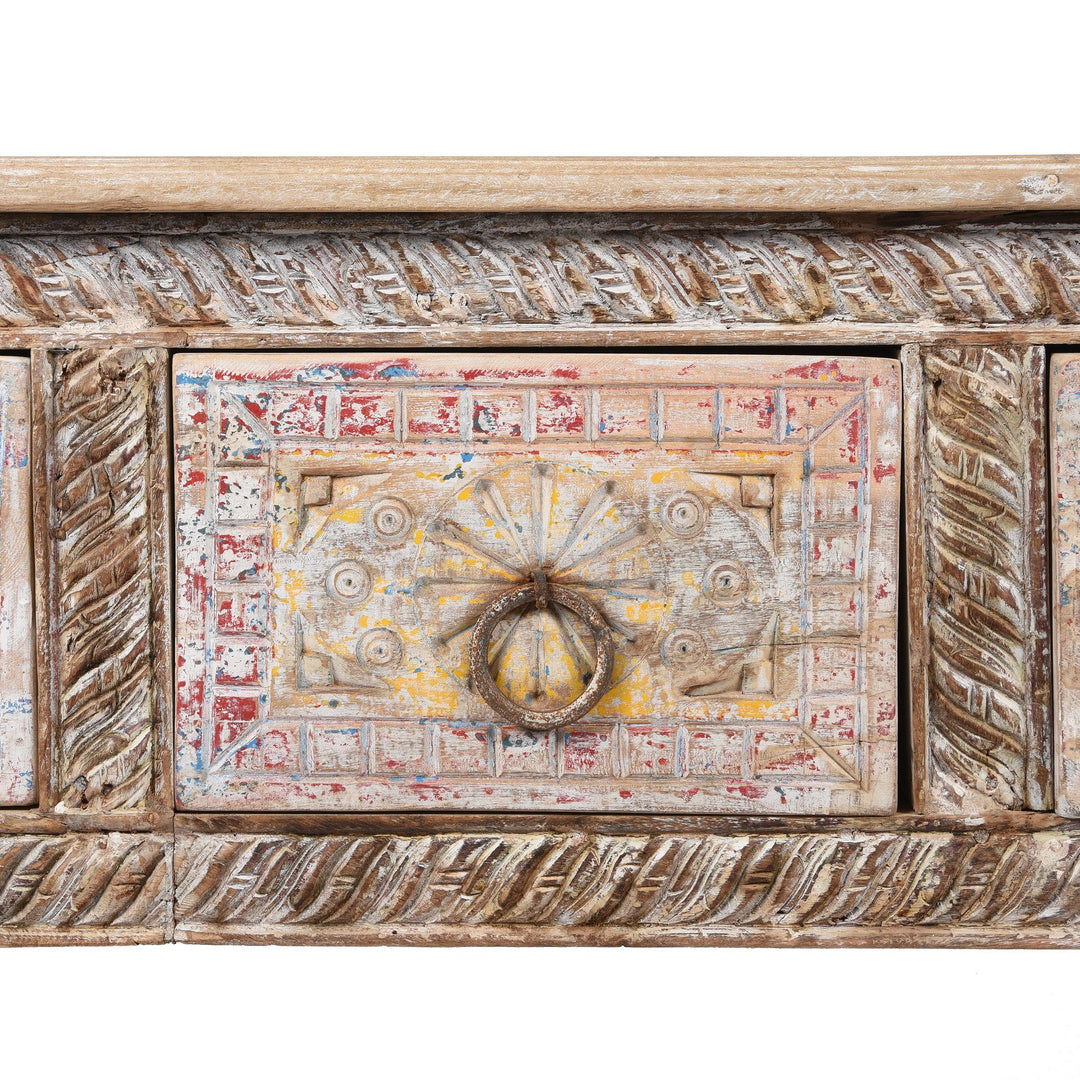 Painting Detail from an Indian 4 Drawer Painted Console Table Made From Reclaimed Teak | Indigo Antiques