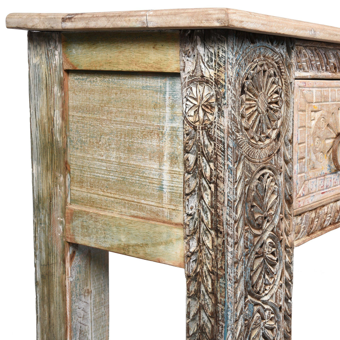 Side detail from an Indian 4 Drawer Painted Console Table Made From Reclaimed Teak | Indigo Antiques