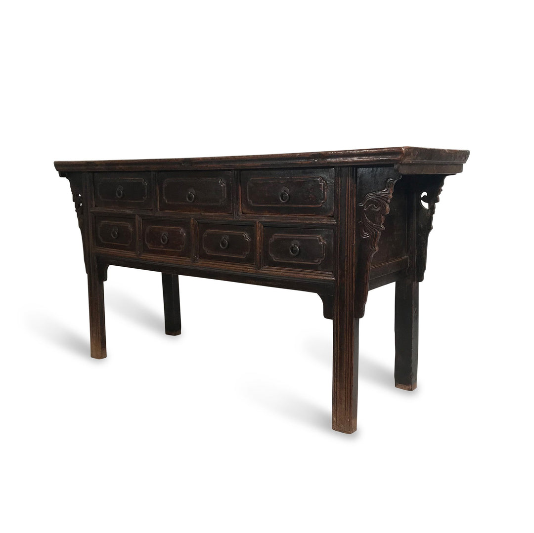 Console Table With 7 Drawers - Elm Wood - Ca 19thC - 162 x 50 x 85 (wxdxh cms) - C1245
