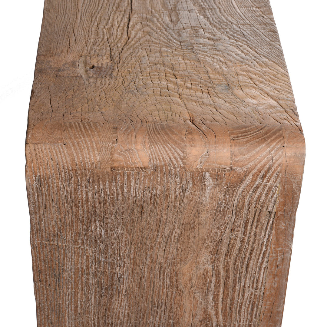 Detail of the end of a Chinese Bleached Ribbon Altar Table Made From Reclaimed Elm | Indigo Antiques