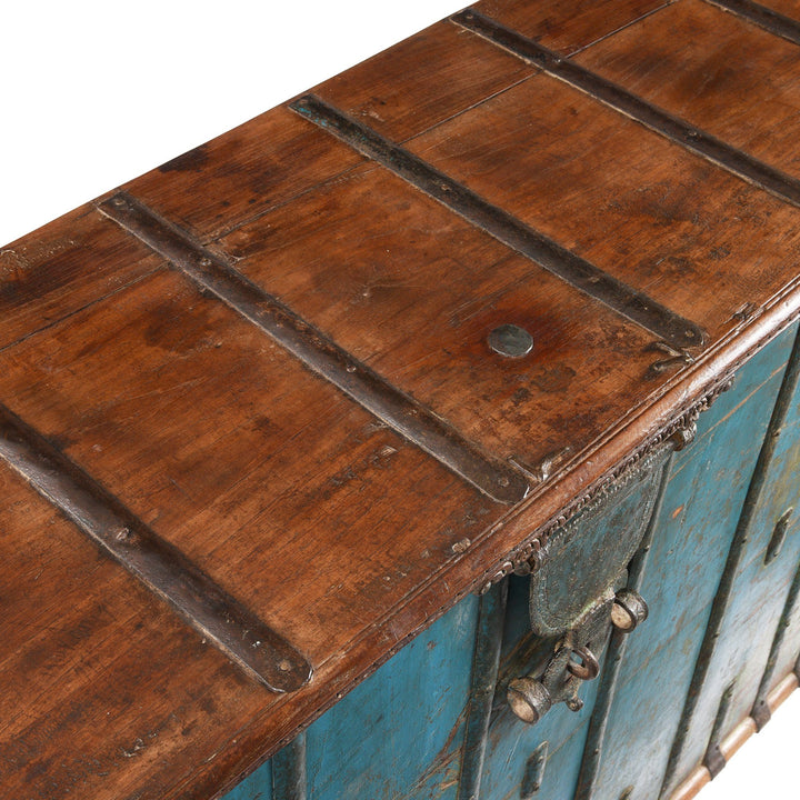 Lid Top View Of Blue Painted Pithara Console Chest From Gujarat- 19thC | Indigo Antiques