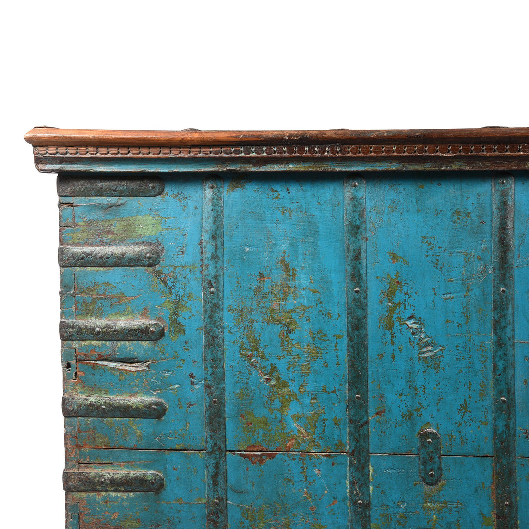 Corner Detail From Blue Painted Pithara Console Chest From Gujarat- 19thC | Indigo Antiques