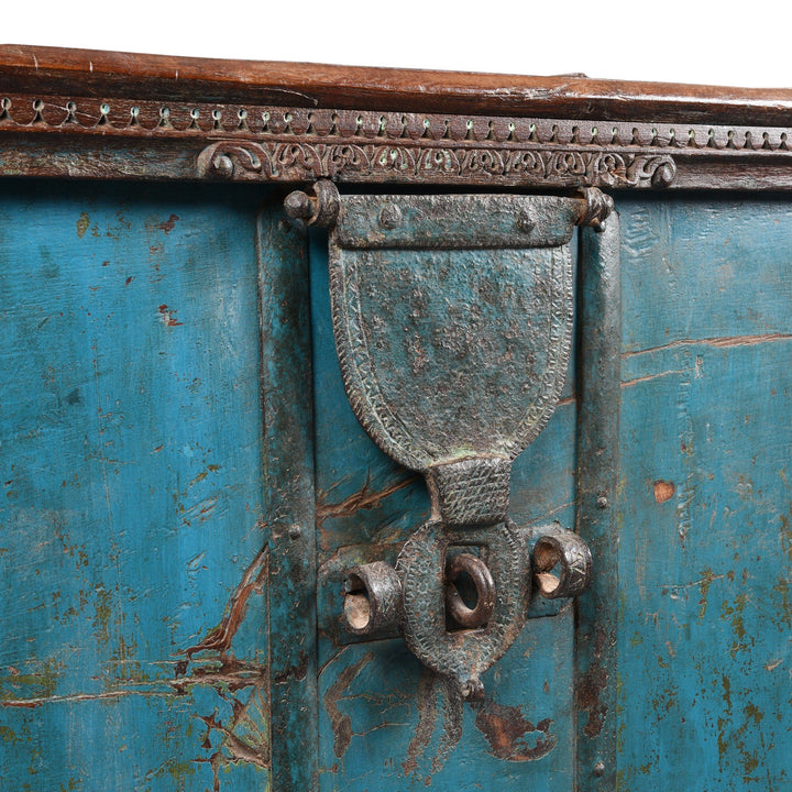 Latch Detail Of Blue Painted Pithara Console Chest From Gujarat- 19thC | Indigo Antiques