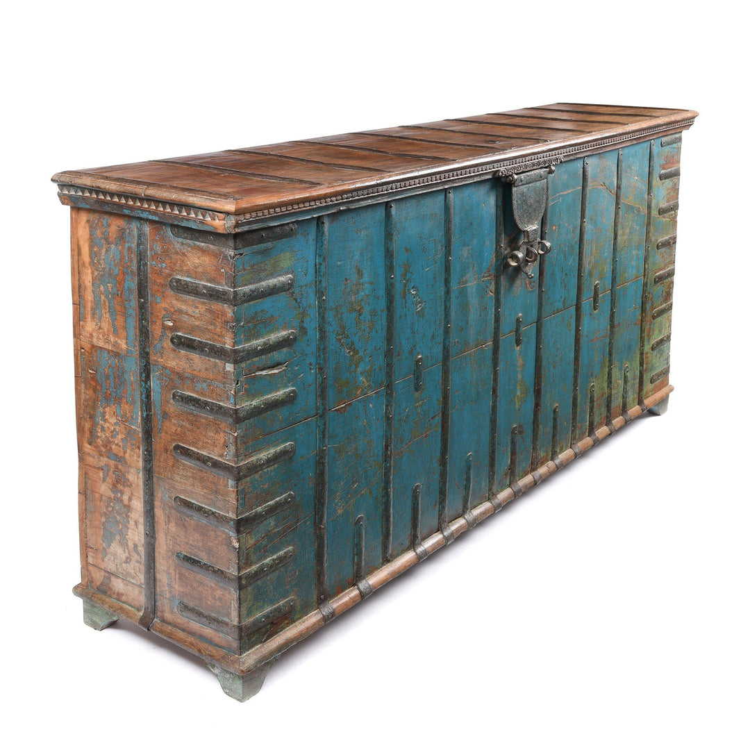 Side View Of Blue Painted Pithara Console Chest From Gujarat- 19thC | Indigo Antiques