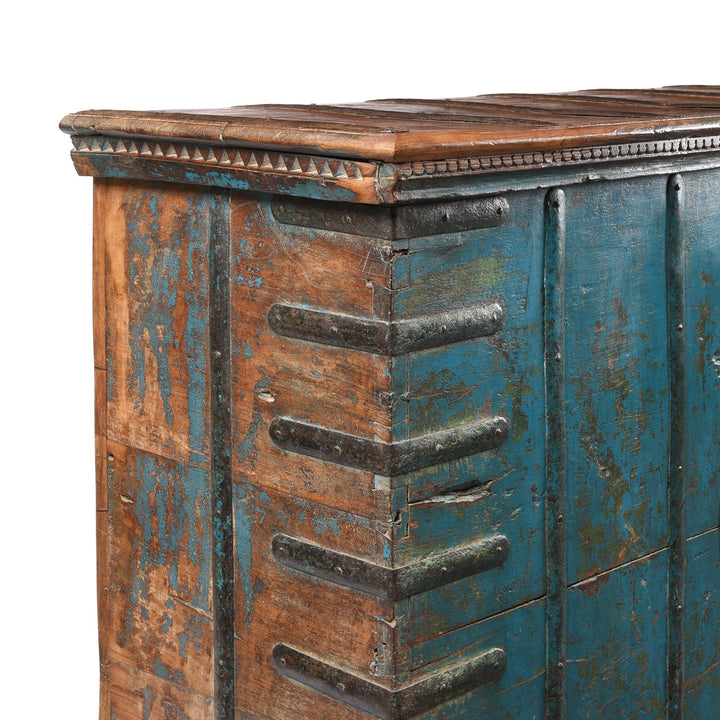 Corner Detail From Blue Painted Pithara Console Chest From Gujarat- 19thC | Indigo Antiques