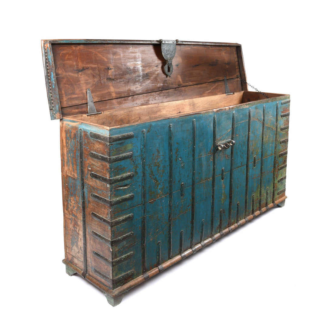 Open Lid View Of Blue Painted Pithara Console Chest From Gujarat- 19thC | Indigo Antiques