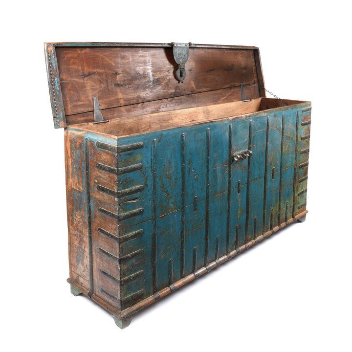 Open Lid View Of Blue Painted Pithara Console Chest From Gujarat- 19thC | Indigo Antiques