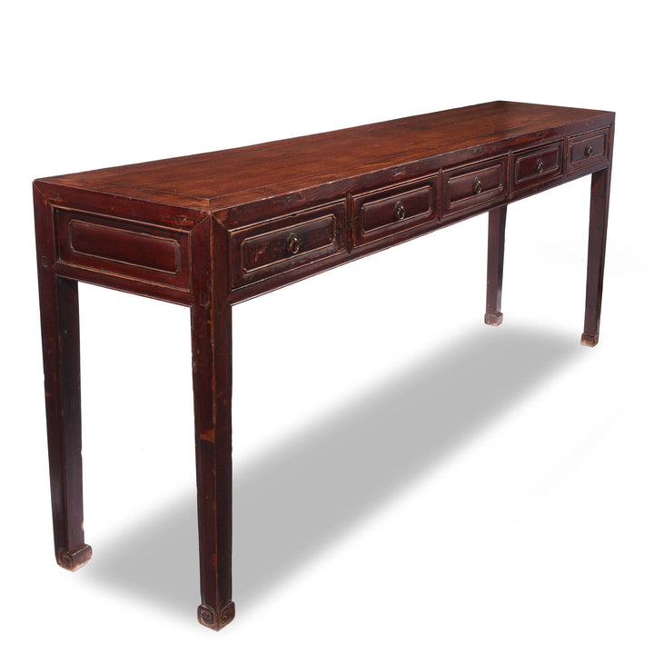 Angled View Of Aubergine Lacquer Five Drawer Altar Table From Shanxi - 19thC | Indigo Antiques
