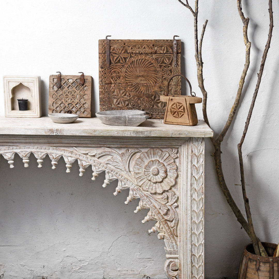 White Washed Carved Indian Mango Console Table | Indigo Antiques
