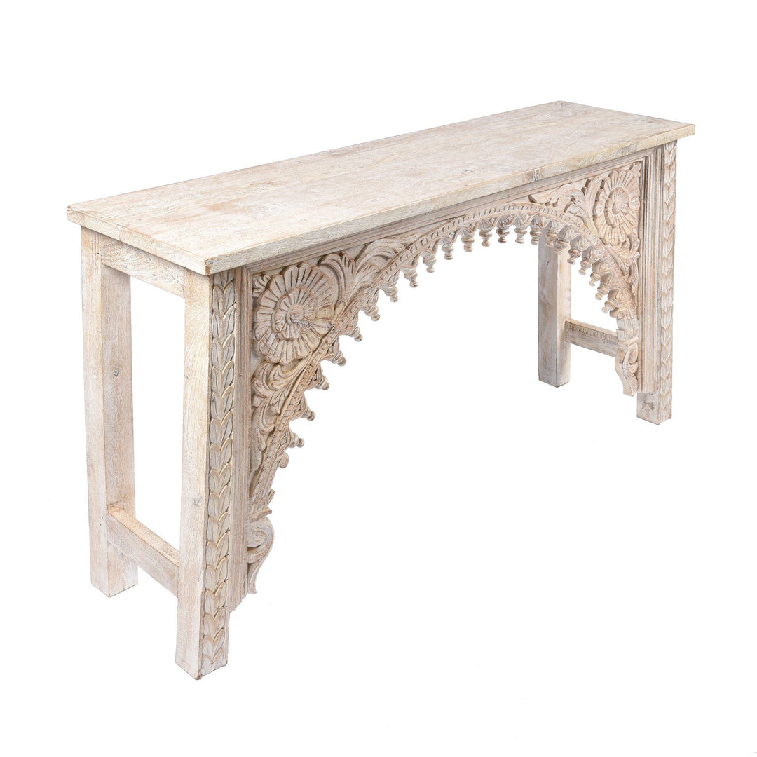 White Washed Carved Indian Mango Console Table | Indigo Antiques