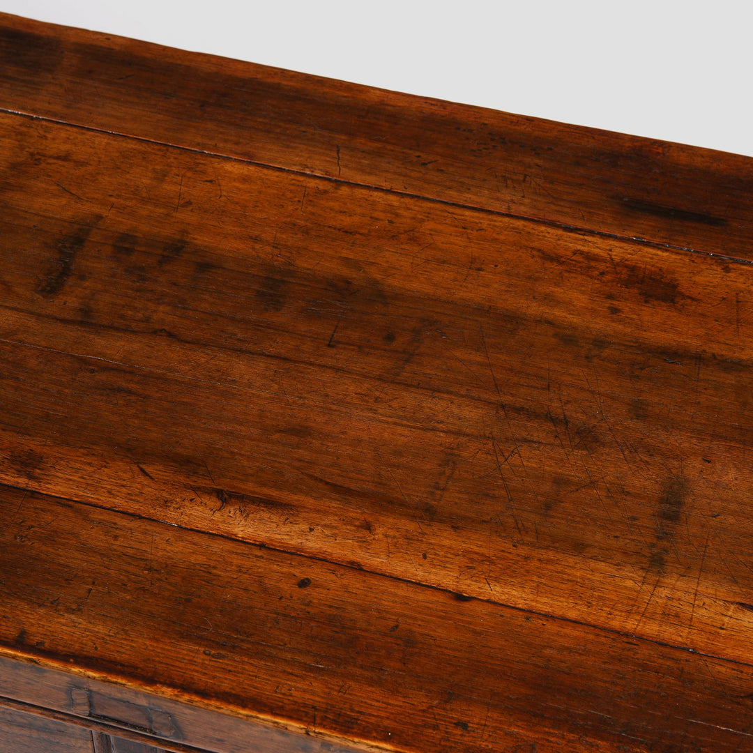 Patina and top detail from an antique walnut wood Chinese long altar table with 4 drawers from Shanxi province and beautiful patina | Indigo Antiques