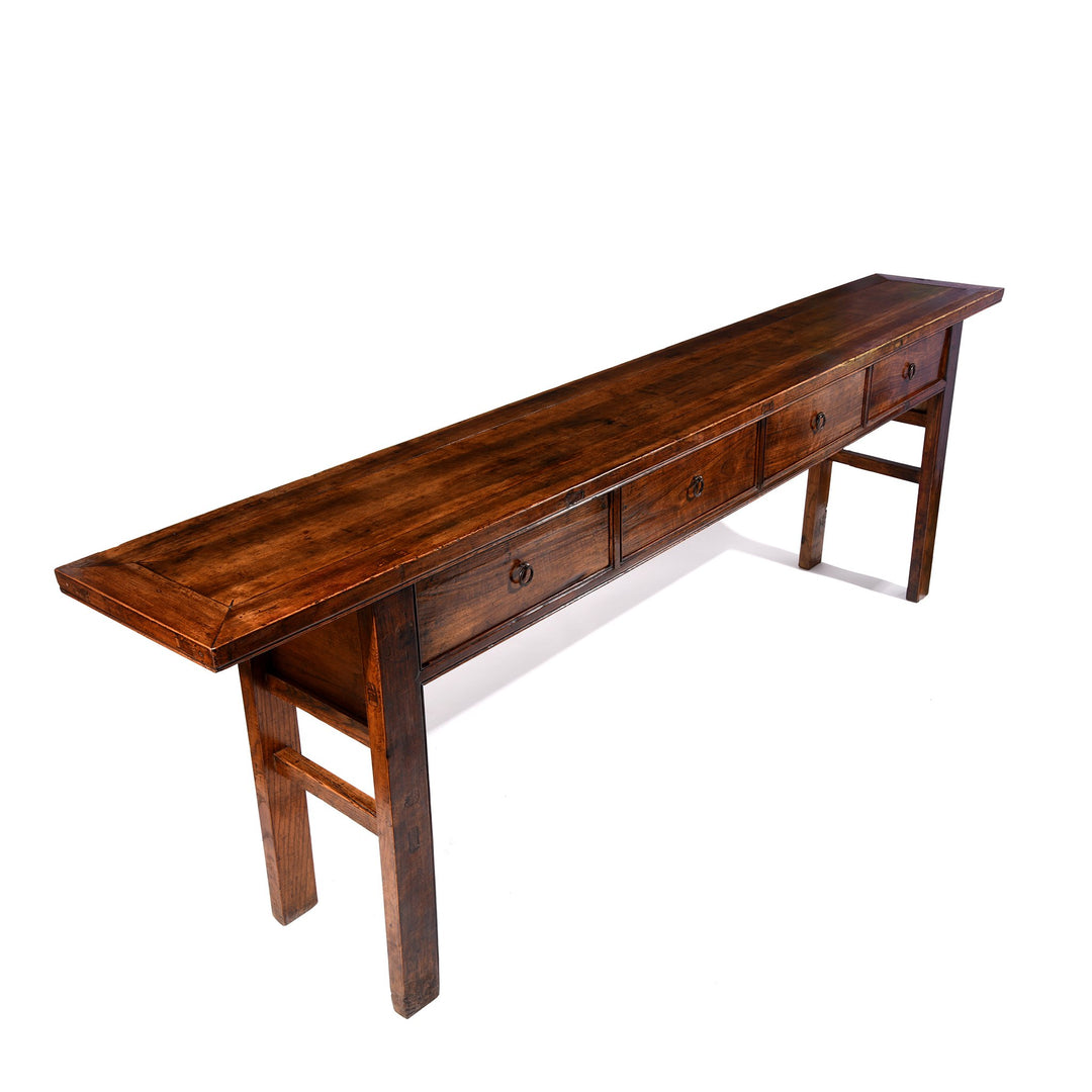 Antique walnut wood Chinese long altar table with 4 drawers from Shanxi province and beautiful patina | Indigo Antiques