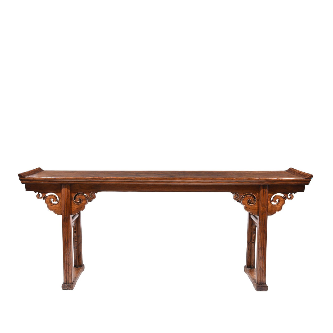 Antique Chinese elm wood altar table with scroll ends and beautiful carving | INDIGO ANTIQUES