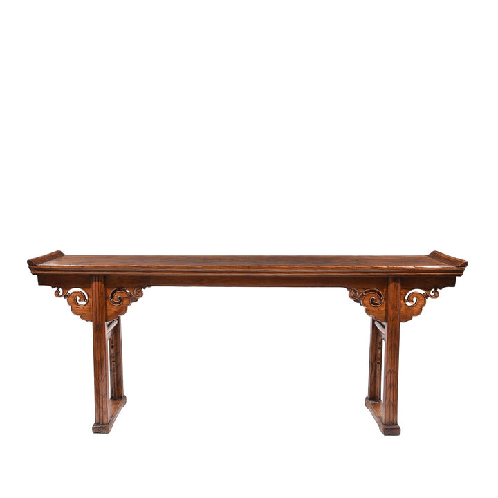Antique Chinese elm wood altar table with scroll ends and beautiful carving | INDIGO ANTIQUES
