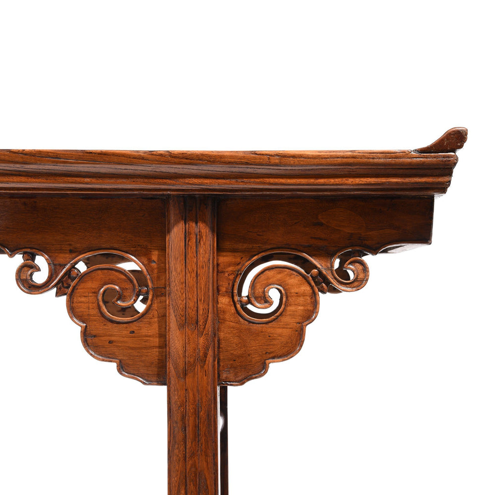Carving Detail of an Antique Chinese elm wood altar table with scroll ends and beautiful carving | INDIGO ANTIQUES