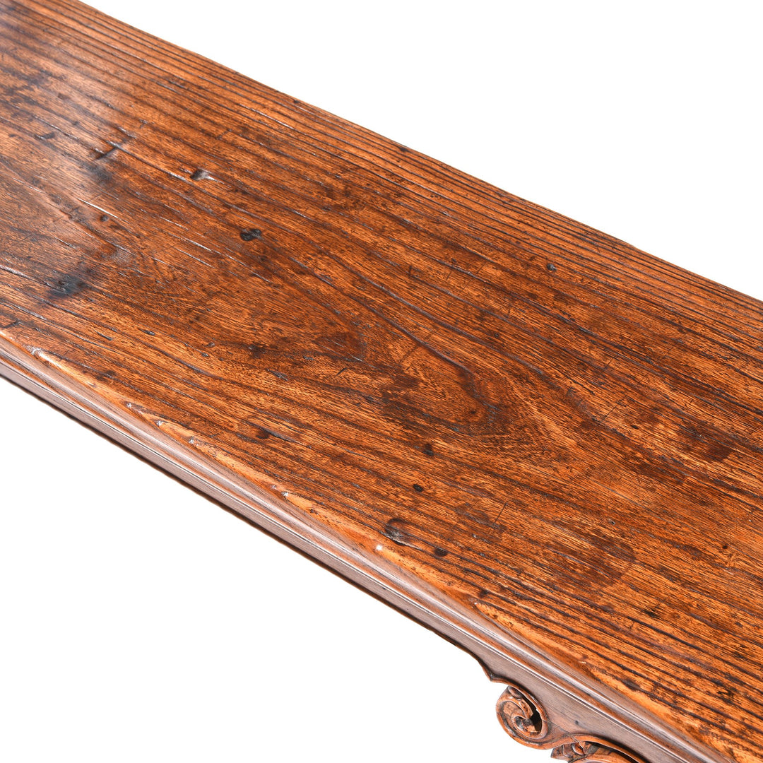 Top Detail of an Antique Chinese elm wood altar table with scroll ends and beautiful carving | INDIGO ANTIQUES