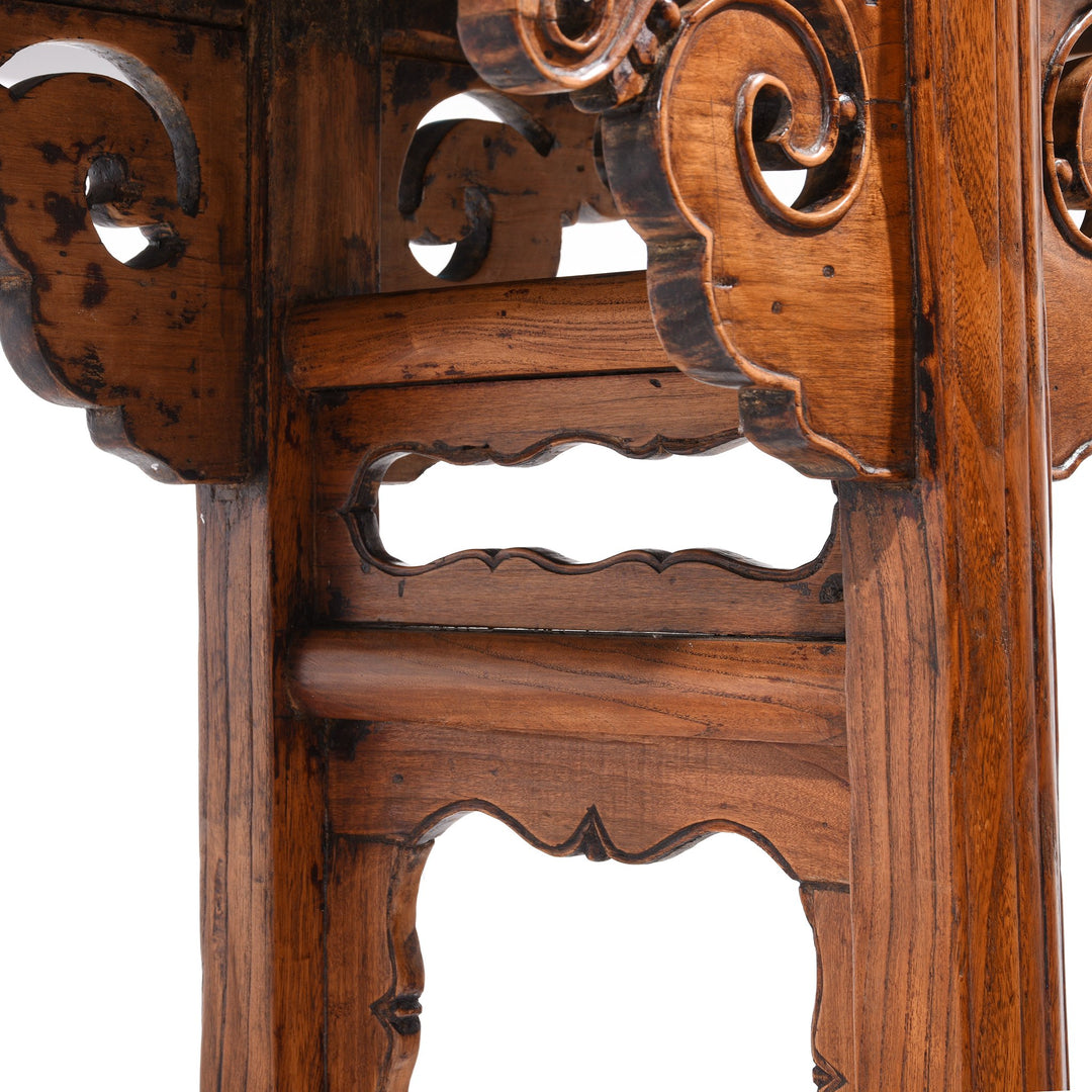 Carving Detail of an Antique Chinese elm wood altar table with scroll ends and beautiful carving | INDIGO ANTIQUES