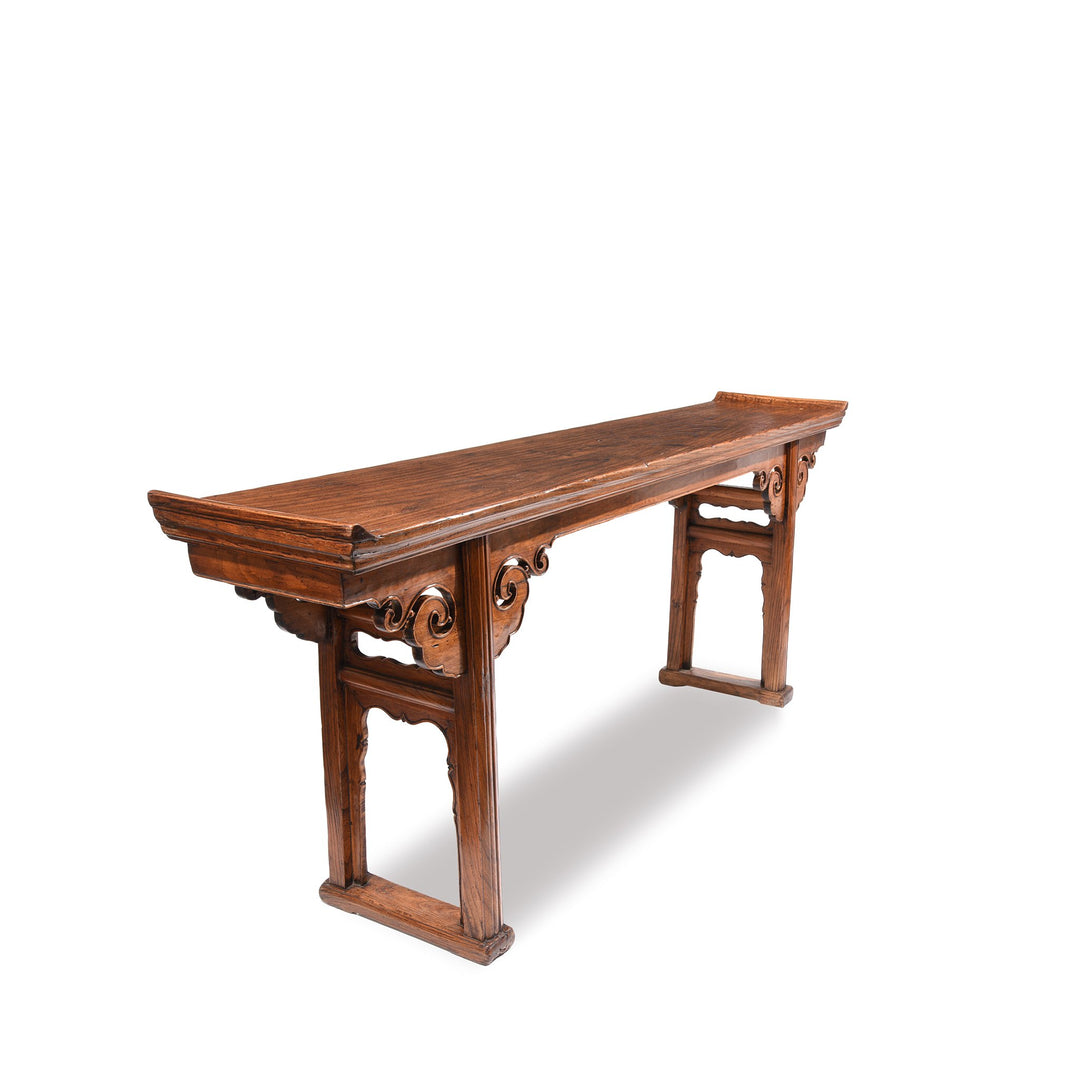 Side detail of Antique Chinese elm wood altar table with scroll ends and beautiful carving | INDIGO ANTIQUES