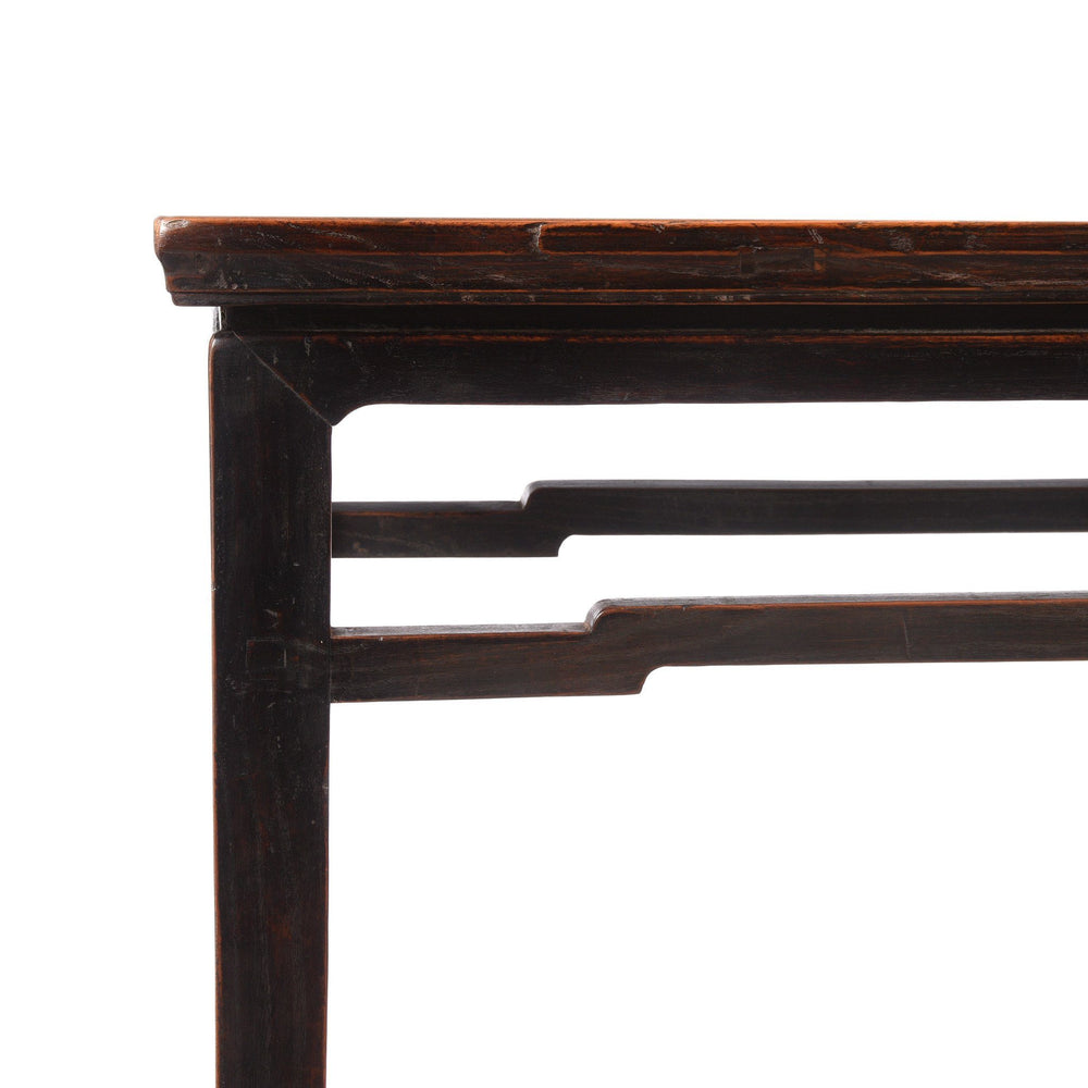 Corner Detail From Elm Console Table with Dark Lacquer Finish - 19thC | indigo Antiques