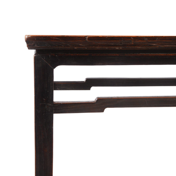 Corner Detail From Elm Console Table with Dark Lacquer Finish - 19thC | indigo Antiques